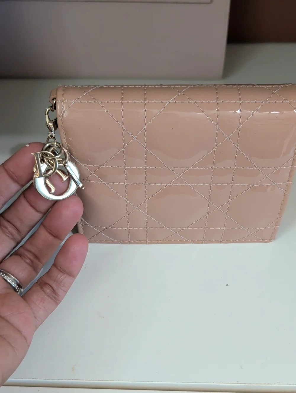 Taupe Patent Leather Zip Wallet with Gold Hardware